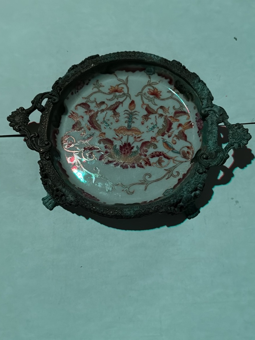 Antique Chinese Bronze /Brass Mounted Porcelain Decorative dish